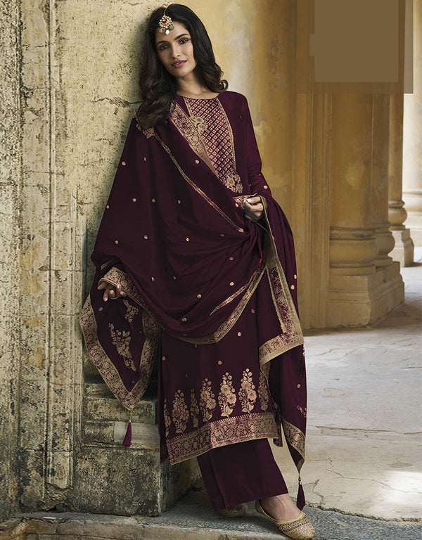 Designer Traditional Wear Viscose Silk Salwar Suit Wine Viscose Silk Pant Straight Front View