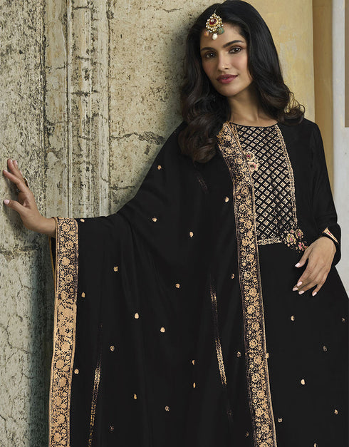Designer Traditional Wear Viscose Silk Salwar Suit Black Viscose Silk Pant Straight Close-up View