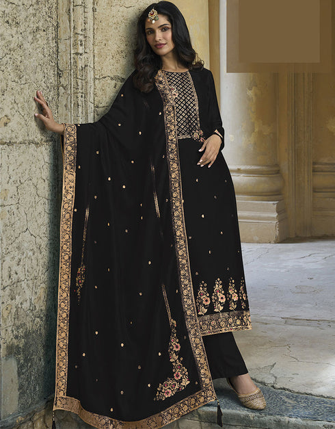 Designer Traditional Wear Viscose Silk Salwar Suit Black Viscose Silk Pant Straight Front View