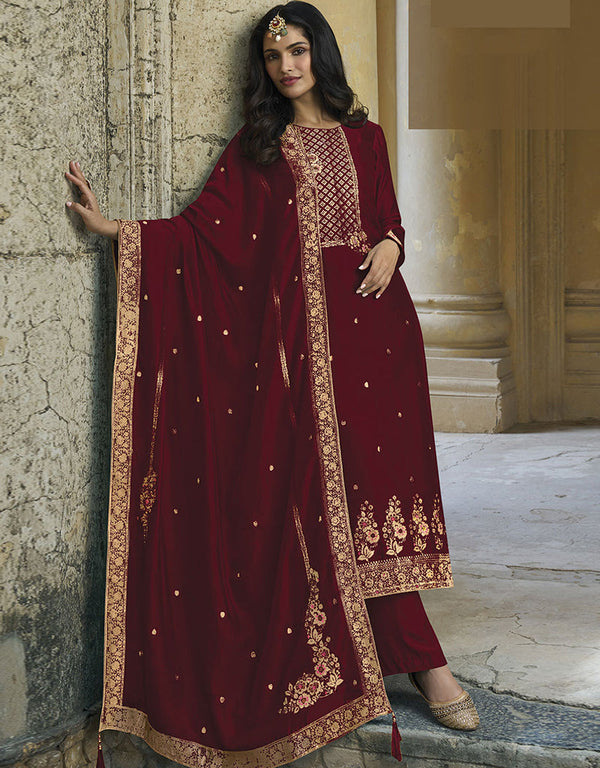 Designer Traditional Wear Viscose Silk Salwar Suit Maroon Viscose Silk Pant Straight Front View