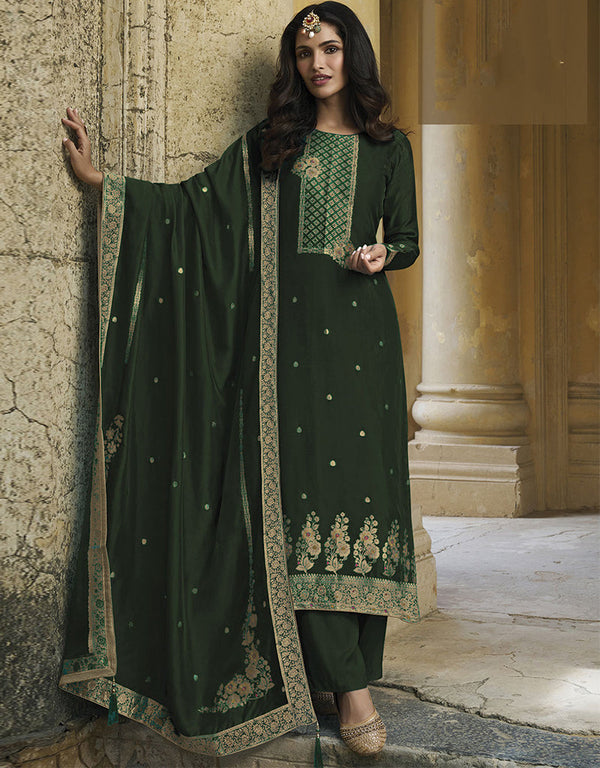 Designer Traditional Wear Viscose Silk Salwar Suit Green Viscose Silk Pant Straight Front View