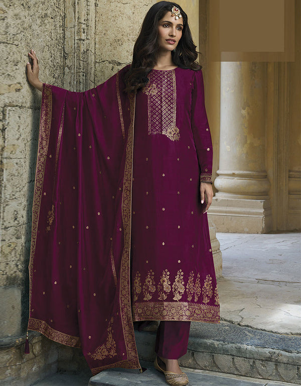 Designer Traditional Wear Viscose Silk Salwar Suit Burgundy Viscose Silk Pant Straight Front View