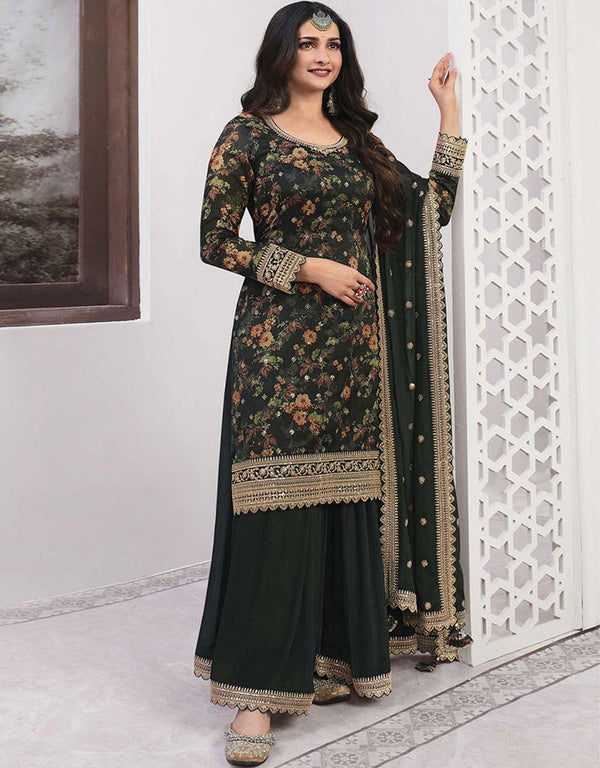 Trendy Traditional Party Wear Salwar Suit Green Georgette Palazzo Straight Front View