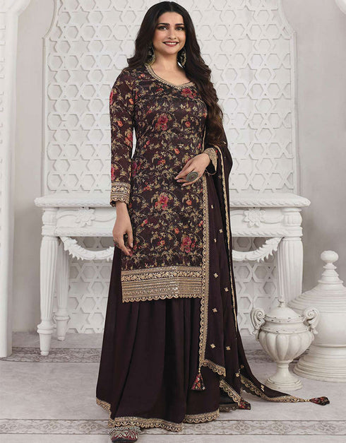 Trendy Traditional Party Wear Salwar Suit Wine Georgette Palazzo Straight Front View
