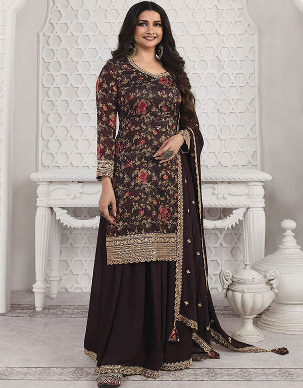 Trendy Traditional Party Wear Salwar Suit Wine Georgette Palazzo Straight Front View