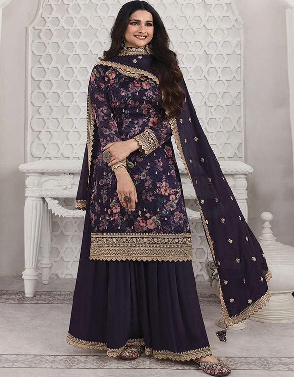 Trendy Traditional Party Wear Salwar Suit Blue Georgette Palazzo Straight Front View