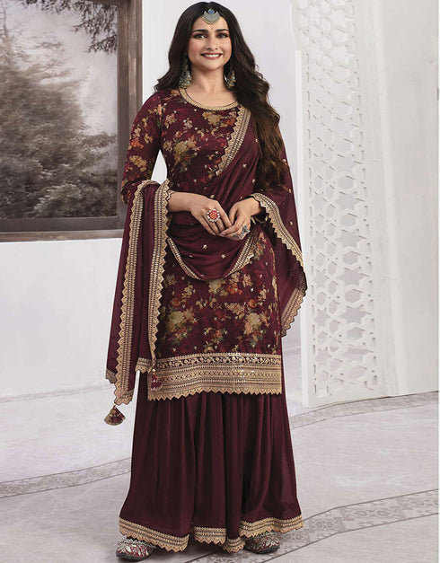 Trendy Traditional Party Wear Salwar Suit Maroon Georgette Palazzo Straight Front View