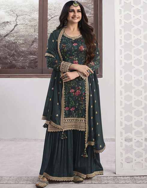 Trendy Traditional Party Wear Salwar Suit Teal Georgette Palazzo Straight Front View