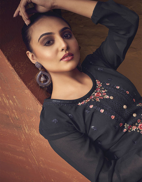 Trendy Traditional Party Wear Salwar Suit Blue Georgette Palazzo Straight Close-up View