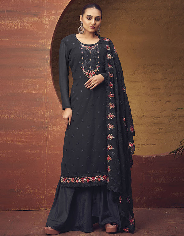 Trendy Traditional Party Wear Salwar Suit Blue Georgette Palazzo Straight Front View