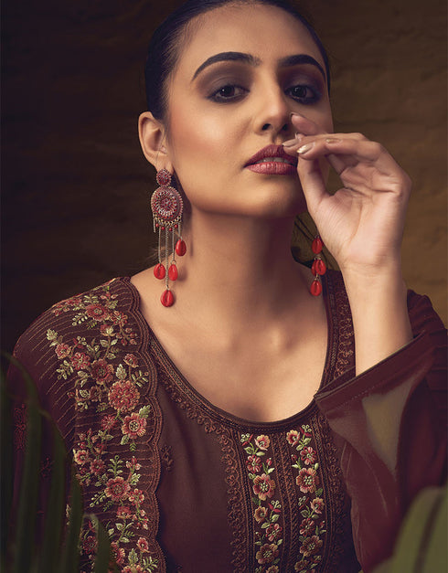 Trendy Traditional Party Wear Salwar Suit Maroon Georgette Palazzo Straight Close-up View