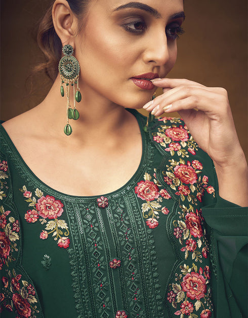 Trendy Traditional Party Wear Salwar Suit Green Georgette Palazzo Straight Close-up View