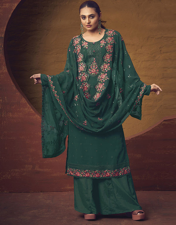 Trendy Traditional Party Wear Salwar Suit Green Georgette Palazzo Straight Front View