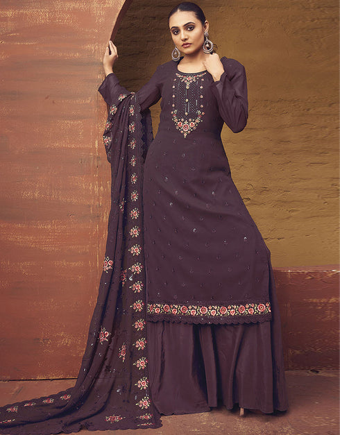 Trendy Traditional Party Wear Salwar Suit Wine Georgette Palazzo Straight Front View