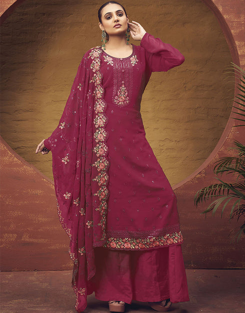 Trendy Traditional Party Wear Salwar Suit Pink Georgette Palazzo Straight Front View