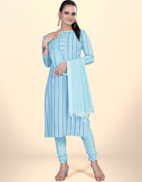 Trendy Traditional Party Wear Salwar Suit Blue Cotton Pant Straight Front View