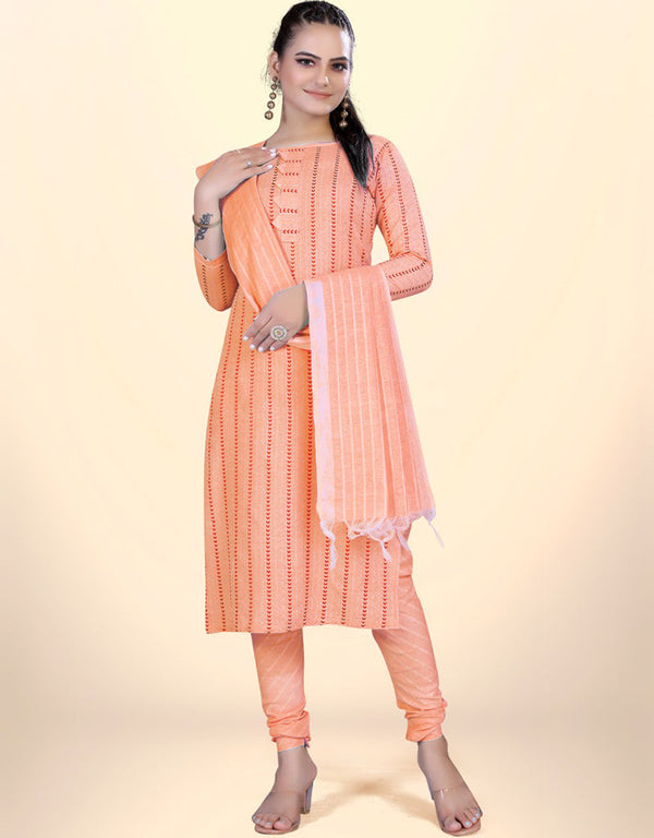 Trendy Traditional Party Wear Salwar Suit Peach Cotton Pant Straight Front View