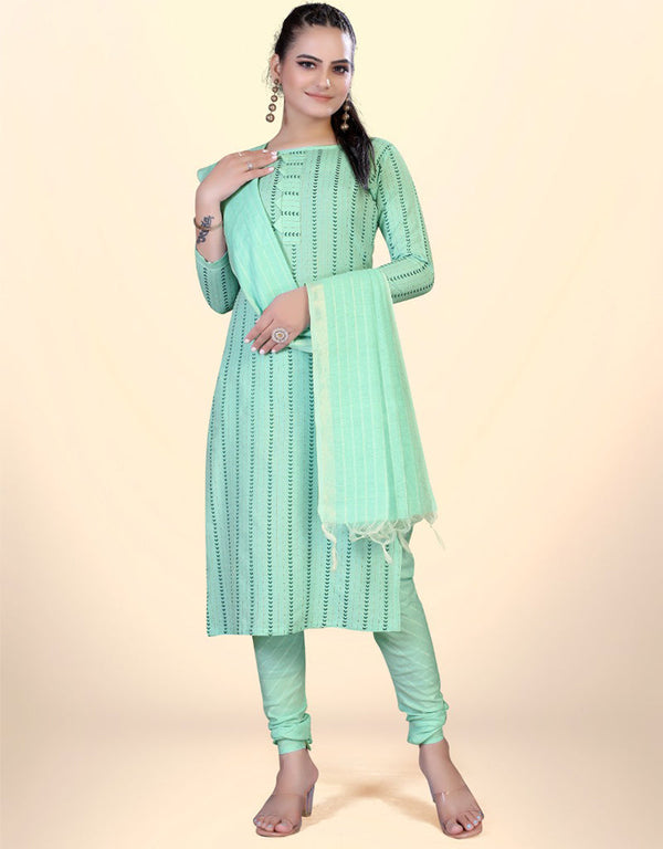 Trendy Traditional Party Wear Salwar Suit Sea Green Cotton Pant Straight Front View