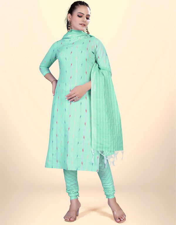 Trendy Traditional Party Wear Salwar Suit Sea Green Cotton Pant Straight Front View