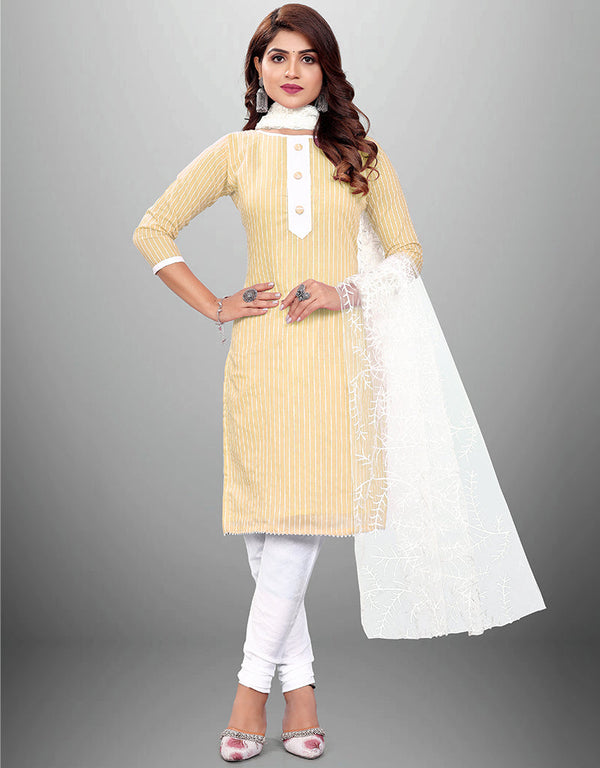 Trendy Traditional Party Wear Salwar Suit Beige Cotton Pant Straight Front View
