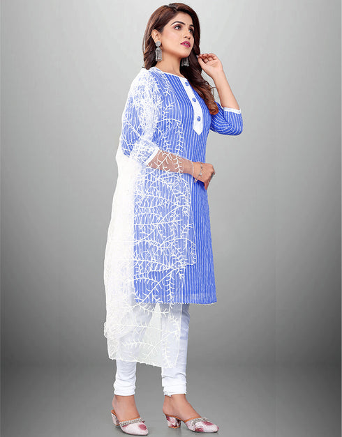 Trendy Traditional Party Wear Salwar Suit Blue Cotton Pant Straight Front View