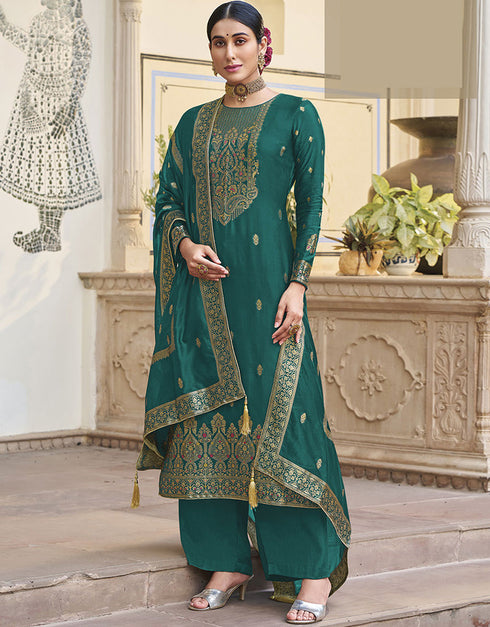 Trendy Traditional Party Wear Salwar Suit Rama Viscose Silk Pant Straight Front View