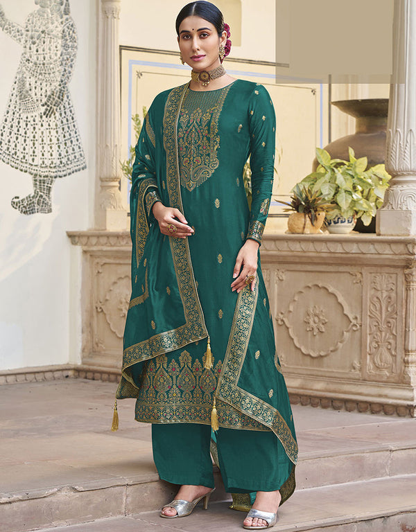 Trendy Traditional Party Wear Salwar Suit Rama Viscose Silk Pant Straight Front View