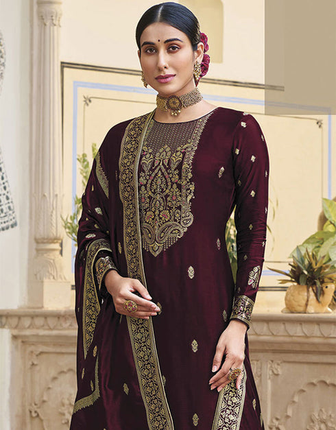 Trendy Traditional Party Wear Salwar Suit Wine Viscose Silk Pant Straight Close-up View
