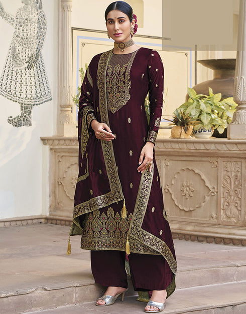Trendy Traditional Party Wear Salwar Suit Wine Viscose Silk Pant Straight Front View