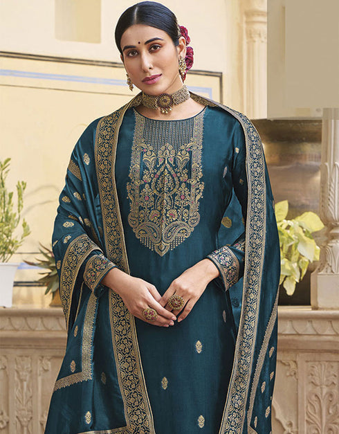 Trendy Traditional Party Wear Salwar Suit Blue Viscose Silk Pant Straight Close-up View