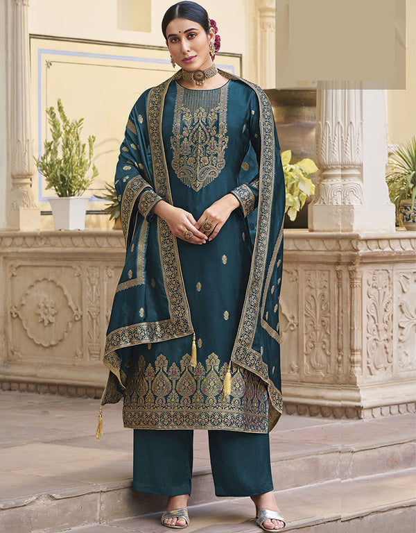 Trendy Traditional Party Wear Salwar Suit Blue Viscose Silk Pant Straight Front View