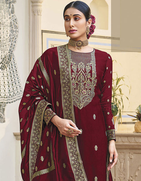 Trendy Traditional Party Wear Salwar Suit Maroon Viscose Silk Pant Straight Close-up View