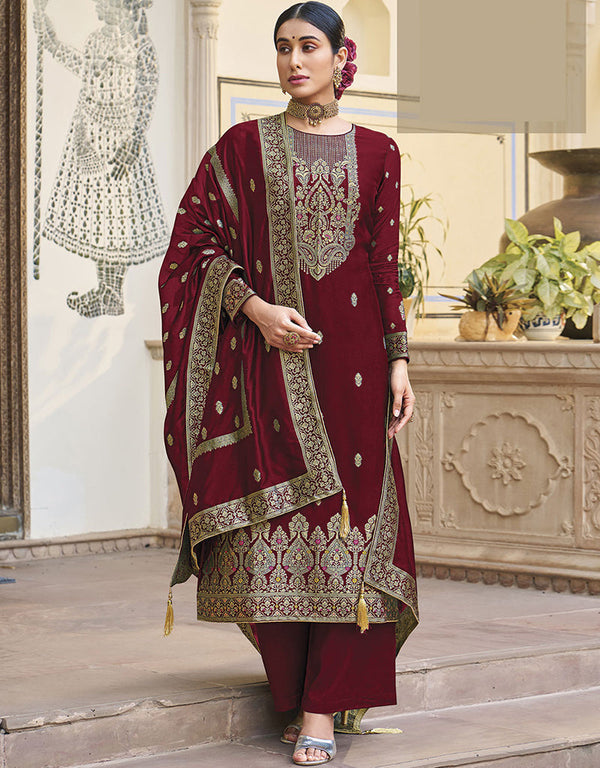 Trendy Traditional Party Wear Salwar Suit Maroon Viscose Silk Pant Straight Front View