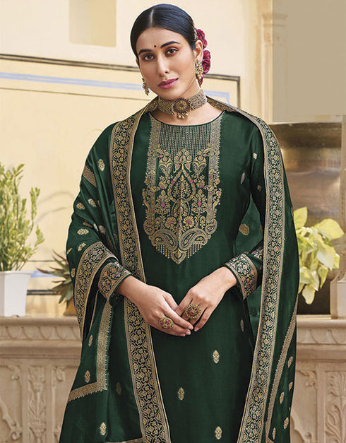 Trendy Traditional Party Wear Salwar Suit Green Viscose Silk Pant Straight Close-up View