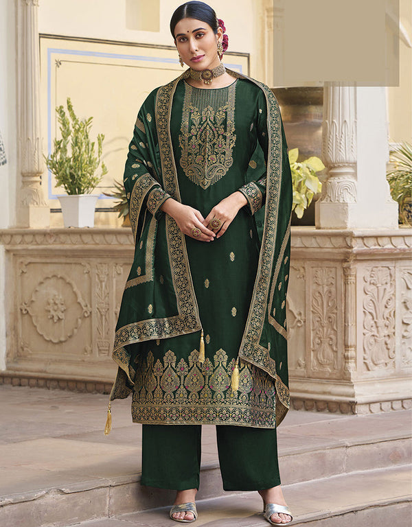 Trendy Traditional Party Wear Salwar Suit Green Viscose Silk Pant Straight Front View