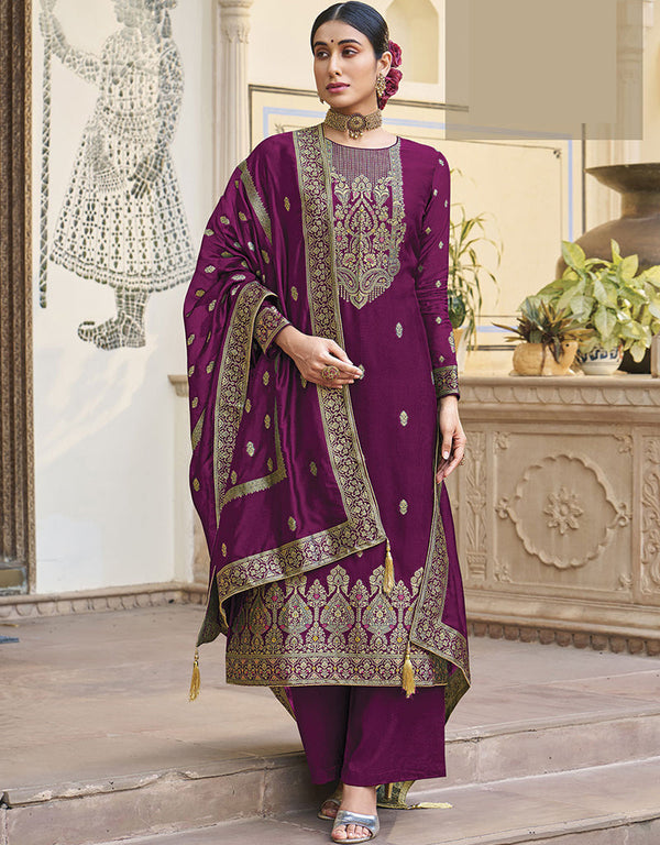 Trendy Traditional Party Wear Salwar Suit Purple Viscose Silk Pant Straight Front View