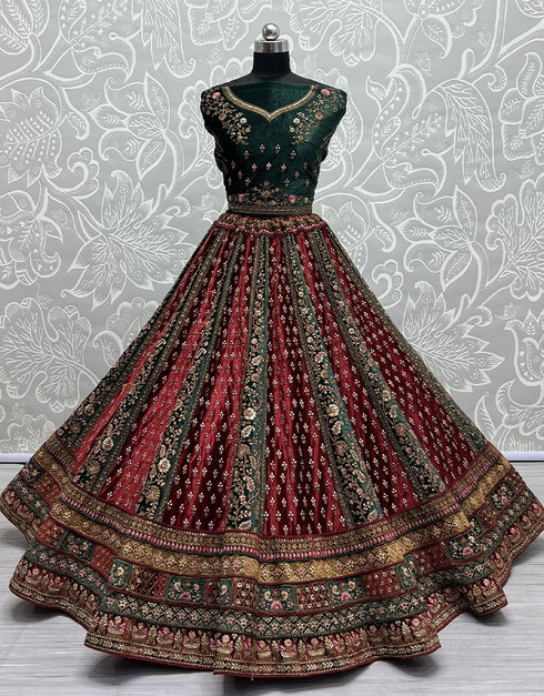 Designer Traditional Wedding Wear Lehenga Choli Green Velvet Lehenga Choli Close-up View