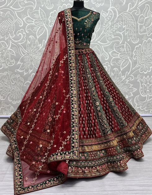 Designer Traditional Wedding Wear Lehenga Choli Green Velvet Lehenga Choli Front View
