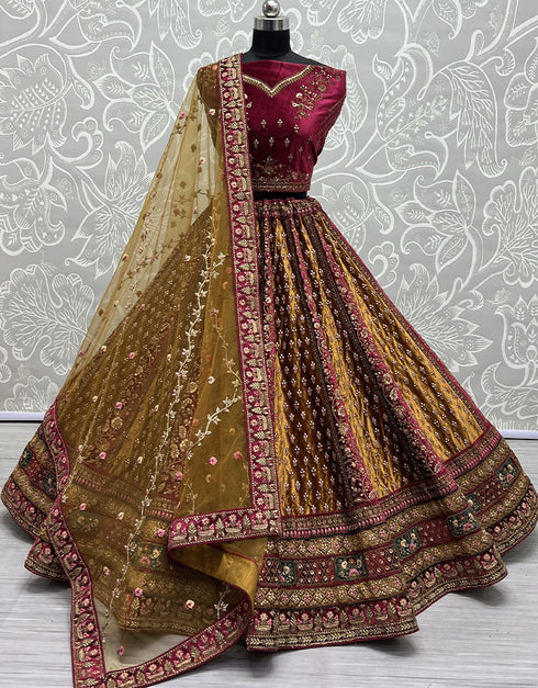 Designer Traditional Wedding Wear Lehenga Choli Pink Velvet Lehenga Choli Front View