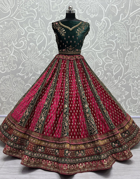 Designer Traditional Wedding Wear Lehenga Choli Green Velvet Lehenga Choli Close-up View