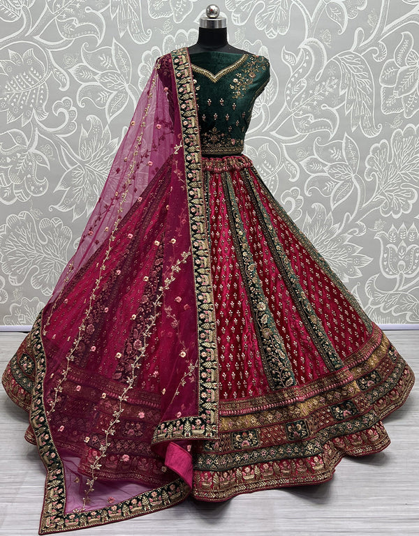 Designer Traditional Wedding Wear Lehenga Choli Green Velvet Lehenga Choli Front View