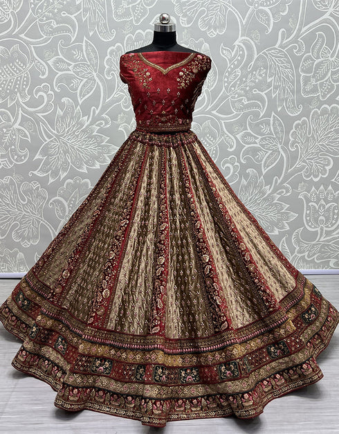 Designer Traditional Wedding Wear Lehenga Choli Maroon Velvet Lehenga Choli Close-up View