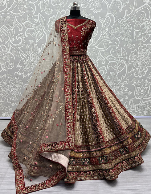 Designer Traditional Wedding Wear Lehenga Choli Maroon Velvet Lehenga Choli Front View