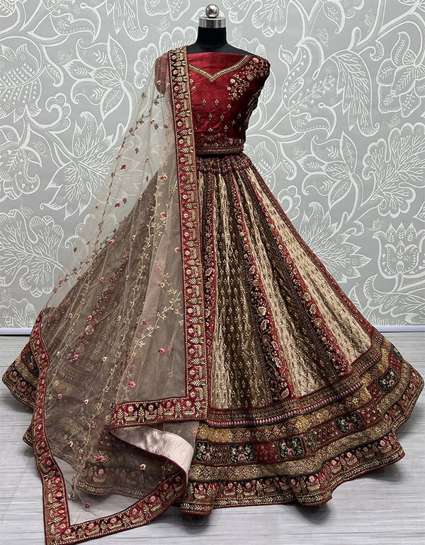 Designer Traditional Wedding Wear Lehenga Choli Maroon Velvet Lehenga Choli Front View
