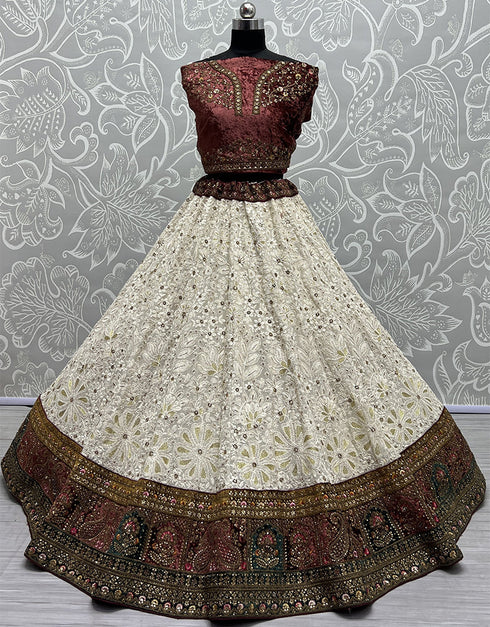 Designer Traditional Wedding Wear Lehenga Choli Maroon Georgette Lehenga Choli Close-up View