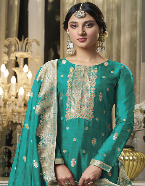 Trendy Traditional Party Wear Salwar Suit Rama Viscose Silk Pant Straight Close-up View