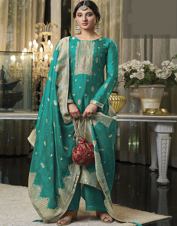 Trendy Traditional Party Wear Salwar Suit Rama Viscose Silk Pant Straight Front View