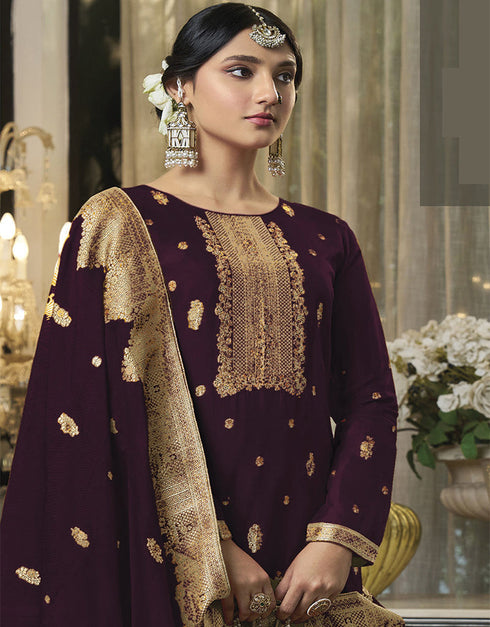 Trendy Traditional Party Wear Salwar Suit Wine Viscose Silk Pant Straight Close-up View