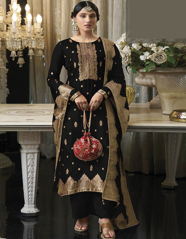 Trendy Traditional Party Wear Salwar Suit Black Viscose Silk Pant Straight Front View