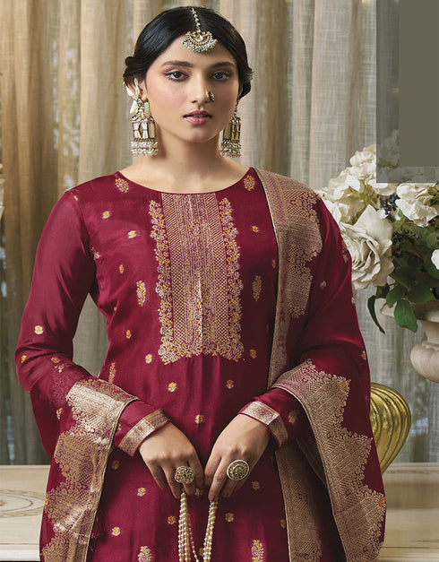 Trendy Traditional Party Wear Salwar Suit Maroon Viscose Silk Pant Straight Close-up View